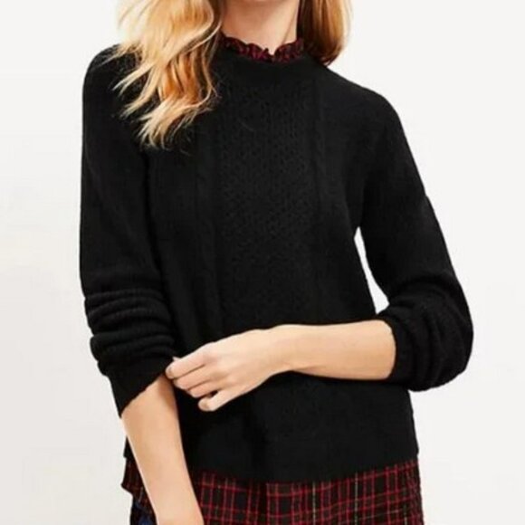 Ann Taylor LOFT Black Plaid Layered Mixed Media Cable Sweater Size M - NEW - Picture 9 of 10